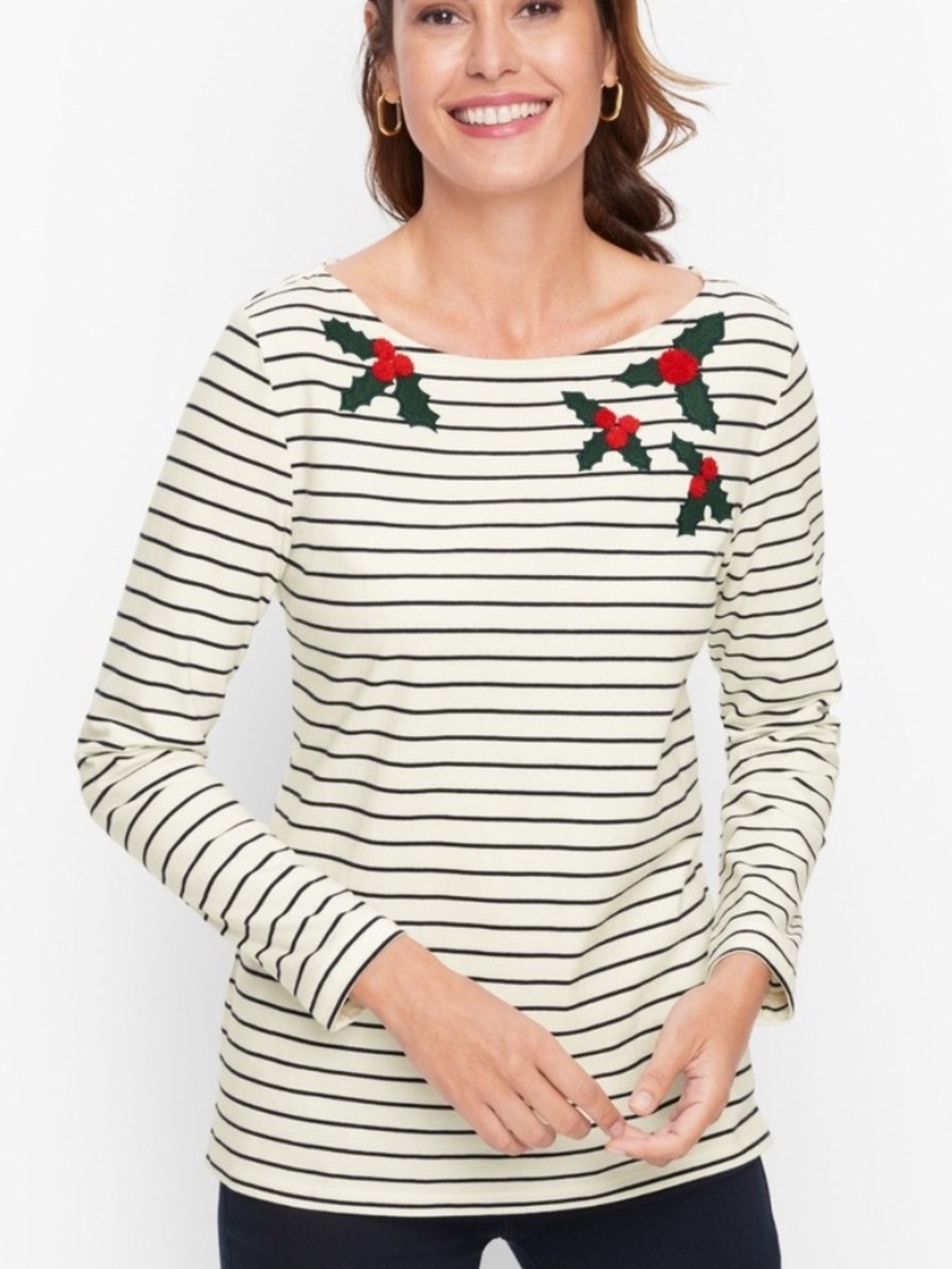 Talbots Holly Berry Holiday Striped Cotton Tee Sz M